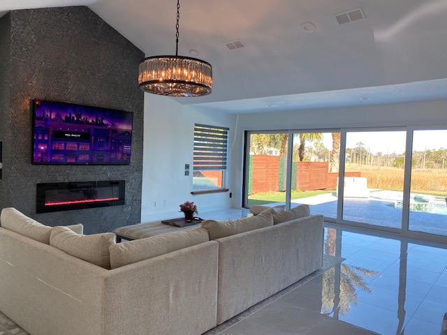 Living room and fireplace wall