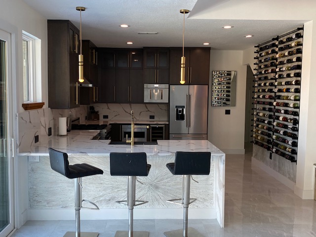 Waterfall island and wine wall
