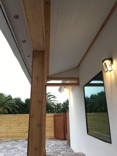Cedar beam and post detail on a covered patio
