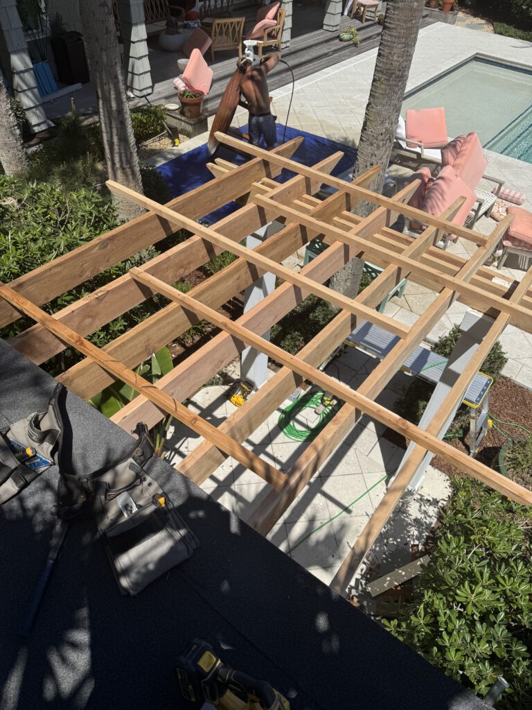 Pergola rafters laid out and cut on site